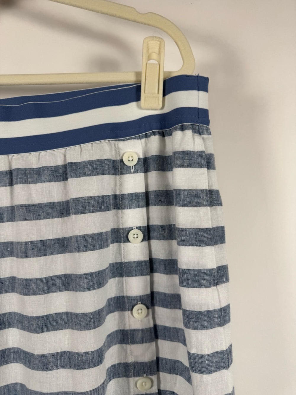 J. Jill Love Linen Seaside Striped Midi Skirt Blue White Button Side Coastal LP - Picture 2 of 9